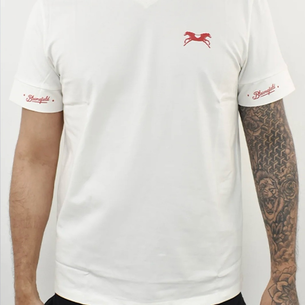 White Men's V- neck Shirt with Red Accents and logo.
